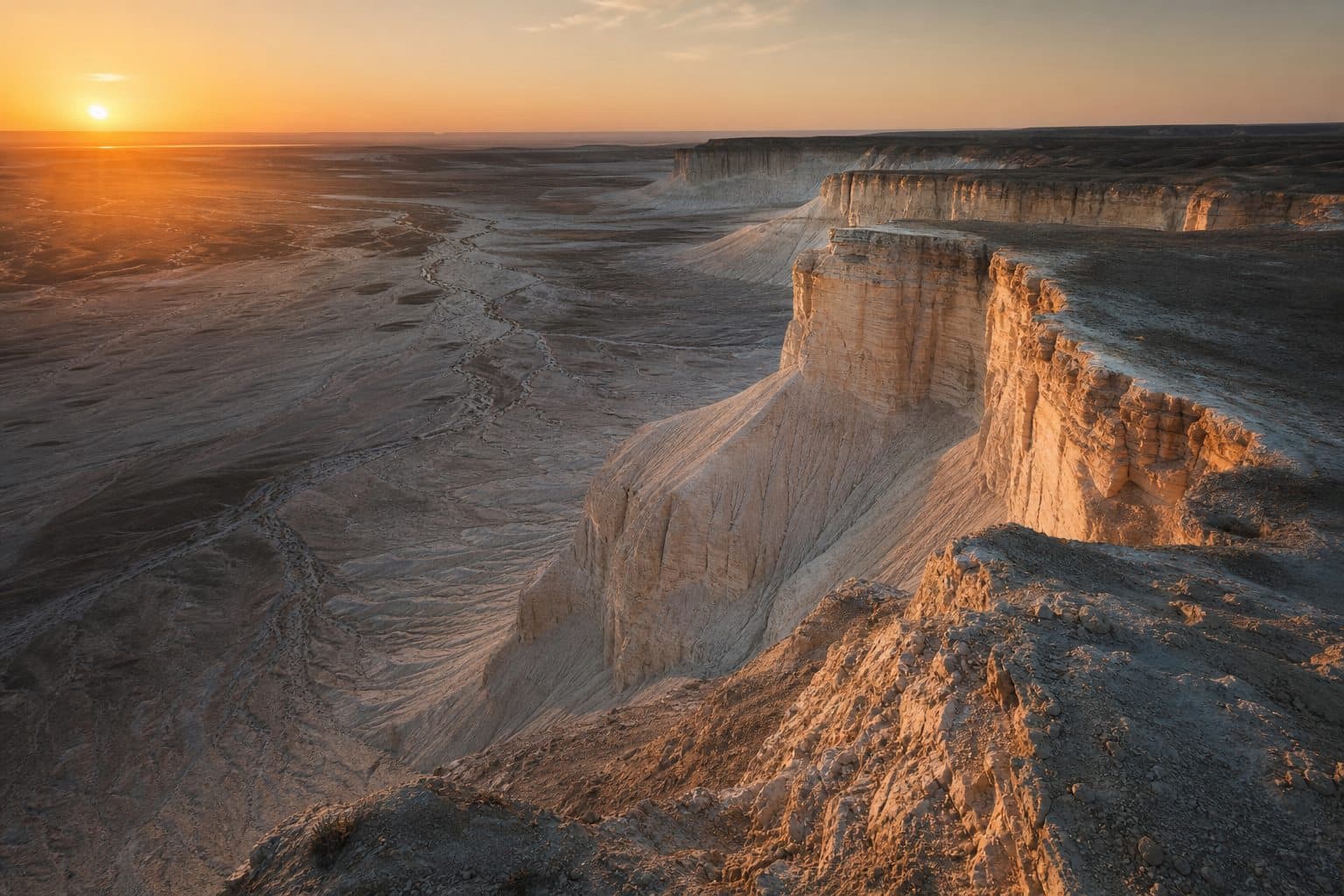 Sunset over the white chalk cliffs of Bozzhyra in Mangystau